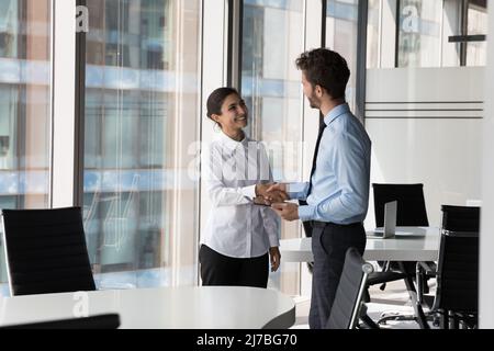 Due uomini d'affari e donne diversi e sicuri che scuotono le mani Foto Stock