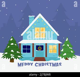 Casa di famiglia. Buon inverno di Natale. Via di Natale Illustrazione Vettoriale