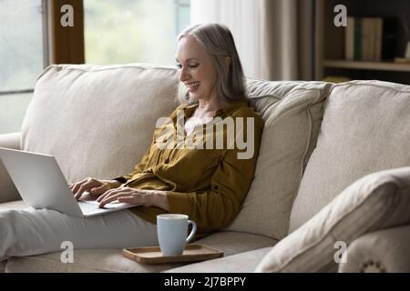 Felice gioioso utente maturo di laptop donna chattare online Foto Stock