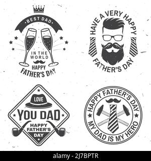 Set di avere un badge Father's Day molto felice, logo design. Illustrazione vettoriale. Vintage stile Father's Day disegni con padre hipster, cappello, cravatte Illustrazione Vettoriale