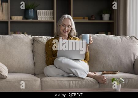Felice pensionato grigio capelli donna proprietario di casa guardando film online Foto Stock