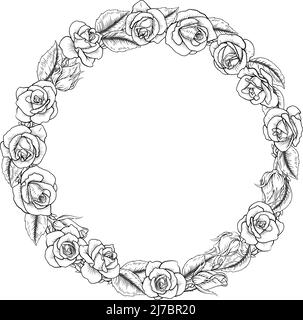 Roses Woodcut Vintage Style Flower Circle Wreath Illustrazione Vettoriale