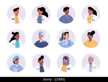 Avatar dei medici e del personale sanitario ospedaliero, icone isolate rotonde set. Volti di medici in accappatoi con stetoscopi, infermieri clinici personaggi, medi Illustrazione Vettoriale