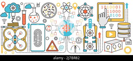 Tecnologia della scienza dell'innovazione, istruzione. Metodo di ricerca algoritmo di informazione, laboratorio di scoperta in microbiologia, medicina e fisica infografica concept banner, sottile linea arte design Illustrazione Vettoriale