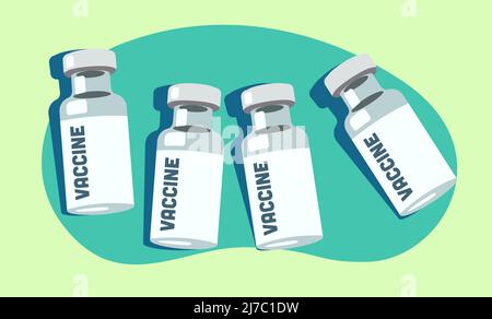 Illustrazione del set di flaconcini di vaccino. Concetto di vaccinazione. Fiale mediche su sfondo verde di blob. Illustrazione Vettoriale