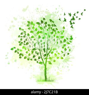 Verde bellissimo albero con uccelli volanti. Silhouette vettoriale di un albero. Illustrazione Vettoriale