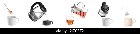 Set di bevande calde con tazze, bollitori elettrici e bustina di tè su sfondo bianco Foto Stock