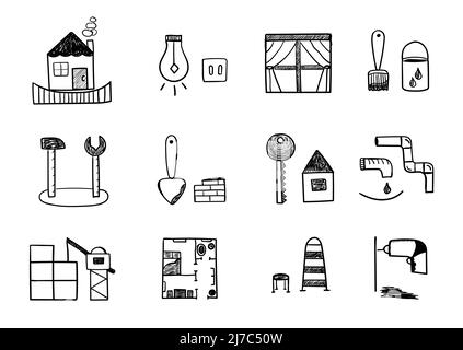 Riparazioni domestiche, costruzione, serie di icone vettoriali in bianco e nero Illustrazione Vettoriale