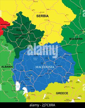 Mappa vettoriale molto dettagliata della Macedonia con regioni amministrative, principali città e strade. Illustrazione Vettoriale