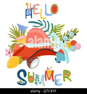 Set di elementi carini, cappello da spiaggia, foglie tropicali, frutta, guscio e altro. Composizione estiva perfetta per cartoline, scrapbooking, feste in spiaggia. Ciao scritta estate. Vettore. Illustrazione Vettoriale