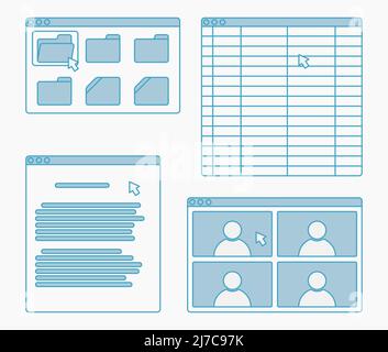 finestra dell'applicazione desktop imposta foglio rapporto video cartella conferenza immagine piatta vettoriale Illustrazione Vettoriale