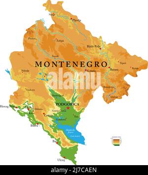 Mappa fisica molto dettagliata del Montenegro, in formato vettoriale, con tutte le forme di rilievo, regioni e grandi città. Illustrazione Vettoriale