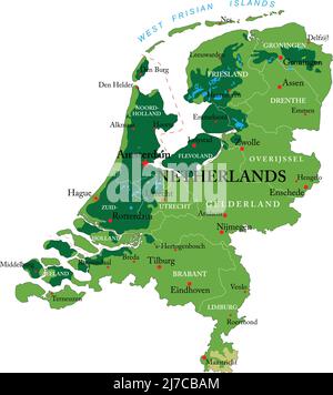 Mappa fisica molto dettagliata dei Paesi Bassi, in formato vettoriale, con tutte le forme di rilievo, regioni e grandi città. Illustrazione Vettoriale