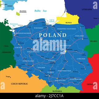 Mappa vettoriale molto dettagliata della Polonia con regioni amministrative, principali città e strade. Illustrazione Vettoriale
