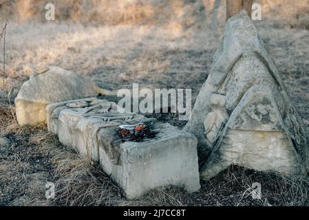 Un santuario pagano nel villaggio di Busha, Vinnytsia Oblast, Ucraina Foto Stock