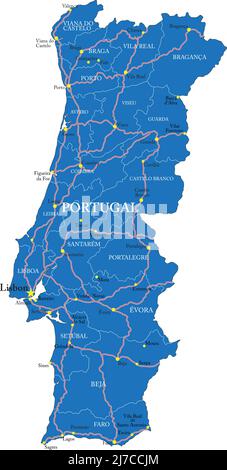 Mappa vettoriale molto dettagliata del Portogallo con regioni amministrative, principali città e strade. Illustrazione Vettoriale