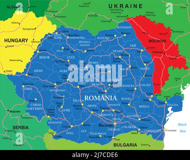 Mappa vettoriale molto dettagliata della Romania con regioni amministrative, principali città e strade. Illustrazione Vettoriale