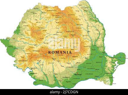 Mappa fisica molto dettagliata della Romania, in formato vettoriale, con tutte le forme di rilievo, regioni e grandi città. Illustrazione Vettoriale