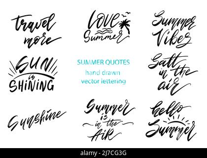 Scrittura estiva disegnata a mano. L'amante dell'estate cita elementi di design isolati in bianco e nero. Illustrazione Vettoriale