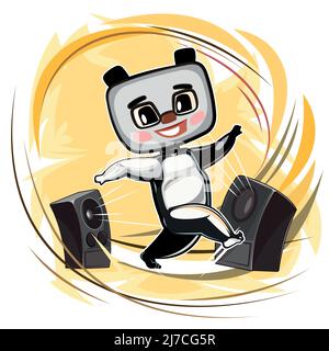 Allegro panda Teddy Bear danza carino. Musica dagli altoparlanti. Danza di un bambino animale divertente. Stile cartoon. Illustrazione per i bambini. Isolato sopra Illustrazione Vettoriale