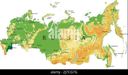 Mappa fisica altamente dettagliata della Russia, in formato vettoriale, con tutte le forme di rilievo, regioni e grandi città. Illustrazione Vettoriale