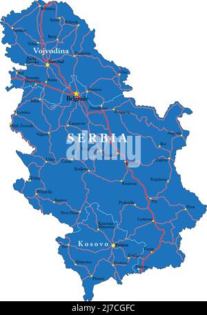 Mappa vettoriale molto dettagliata della Serbia con regioni amministrative, città principali e strade. Illustrazione Vettoriale