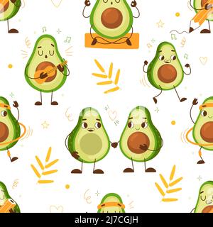 Carino avocado modello senza cuciture. Verdure verdi divertenti, personaggi della frutta cartoon, pose e azioni diverse, yoga, coppia innamorata, foglie sopra Illustrazione Vettoriale