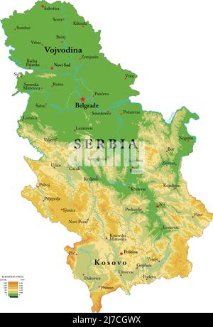 Mappa fisica molto dettagliata della Serbia, in formato vettoriale, con tutte le forme di rilievo, regioni e grandi città. Illustrazione Vettoriale