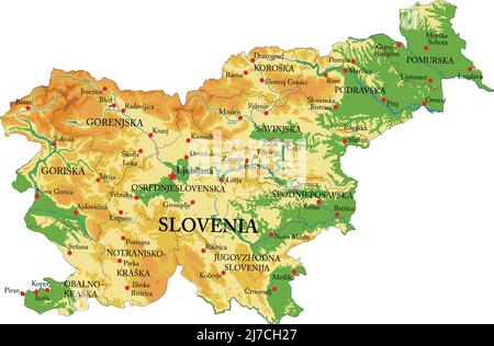 Mappa fisica molto dettagliata della Slovenia, in formato vettoriale, con tutte le forme di rilievo, le regioni e le grandi città. Illustrazione Vettoriale