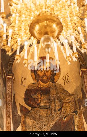 Mtskheta, Georgia. Chiudi l'immagine di Gesù Cristo sul fresco presso la parete interna della cattedrale di Svetitskhoveli del pilastro vivente, antico georgiano Foto Stock