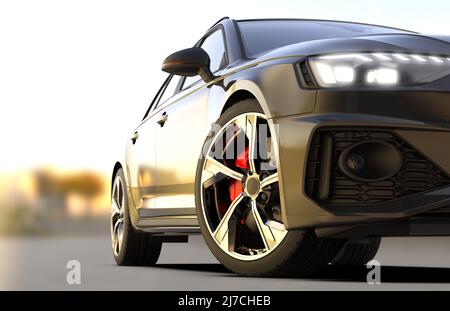 Auto non brandizzata nera sportiva generica in spazi esterni: Illustrazione 3D Foto Stock