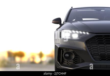 Auto non brandizzata nera sportiva generica all'aperto: Illustrazione 3D Foto Stock
