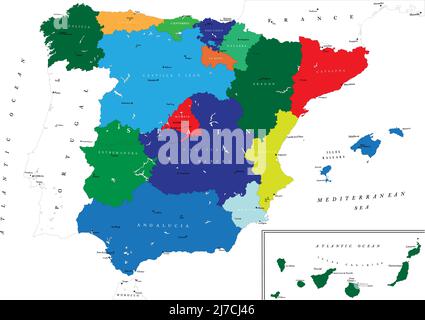 Mappa altamente dettagliata della Spagna con tutte le regioni separate e le città principali. Illustrazione Vettoriale