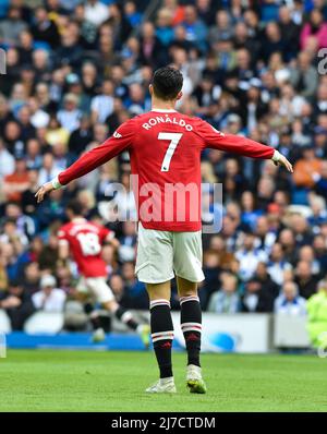 Cristiano Ronaldo del Manchester United mostra frustrazione durante la partita della Premier League tra Brighton e Hove Albion e Manchester United all'American Express Stadium , Brighton , UK - 7th maggio 2022 Foto Simon Dack/Telephoto immagini solo per uso editoriale. Nessun merchandising. Per le immagini di calcio si applicano le restrizioni di fa e Premier League inc. Nessun utilizzo di Internet/cellulare senza licenza FAPL - per i dettagli contattare Football Dataco Foto Stock