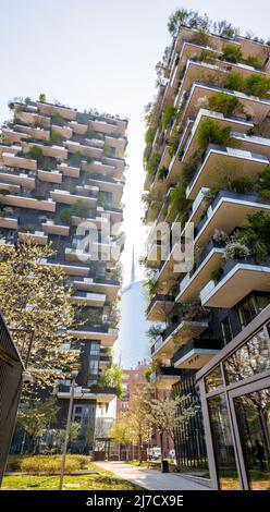 Bosco verticale è un complesso di due torri residenziali ecologiche ricoperte di alberi a Milano. Foto Stock