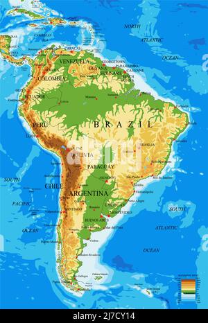 Mappa fisica molto dettagliata del Sud America, in formato vettoriale, con tutte le forme di rilievo, paesi e grandi città. Illustrazione Vettoriale