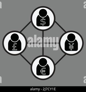 Cambio valuta diagramma profilo connessione dollaro USA, euro, sterlina britannica, Yen/Yuan Illustrazione Vettoriale