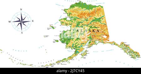 Mappa fisica altamente dettagliata di Alaska, in formato vettoriale, con tutte le forme di rilievo, regioni e grandi città. Illustrazione Vettoriale