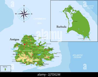 Mappa fisica molto dettagliata di Antigua e Barbuda, in formato vettoriale, con tutte le forme di rilievo, regioni e grandi città. Illustrazione Vettoriale