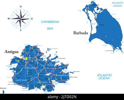 Mappa vettoriale molto dettagliata di Antigua e Barbuda con regioni amministrative, principali città e strade. Illustrazione Vettoriale