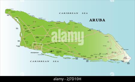 Mappa vettoriale molto dettagliata di Aruba con regioni amministrative, principali città e strade. Illustrazione Vettoriale