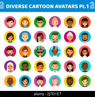 Set di 30 avatar rotondi diversi su cerchi colorati. Diverse etnie, età e stili dei capelli. Carino e semplice stile cartoon piatto. Illustrazione Vettoriale