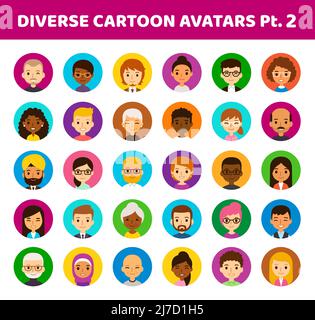 Set di 30 avatar rotondi diversi su cerchi colorati. Diverse etnie, età e stili dei capelli. Carino e semplice stile cartoon piatto. Illustrazione Vettoriale