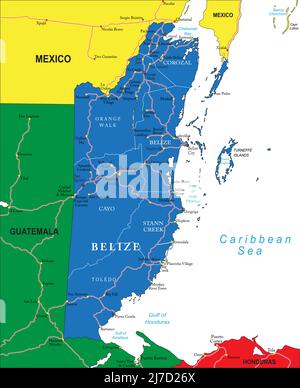 Mappa vettoriale molto dettagliata del Belize con regioni amministrative, principali città e strade. Illustrazione Vettoriale