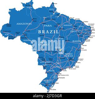 Mappa vettoriale molto dettagliata del Brasile con regioni amministrative, città principali e strade. Illustrazione Vettoriale