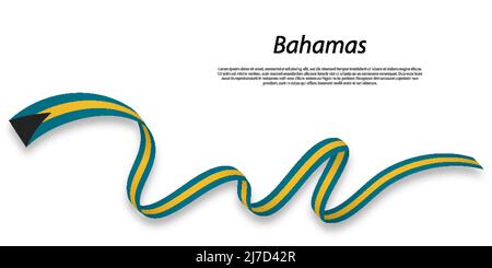 Sventolando in nastro o banner con bandiera delle Bahamas. Modello per il giorno di indipendenza il design di poster Illustrazione Vettoriale