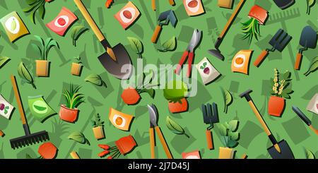 Attrezzo agricolo di giardino rurale. Motivo senza giunture verde. Pale rastrelli e zoccoli. Pacchetti di semi vegetali. Vasi di fiori con piante interne. Vettore Illustrazione Vettoriale