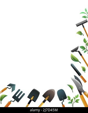 Telaio da giardino. Attrezzi per lavorare in giardino. Coltivatore. Attrezzo agricolo di giardino rurale. Pale rastrelli e zoccoli. Isolato su sfondo bianco Illustrazione Vettoriale
