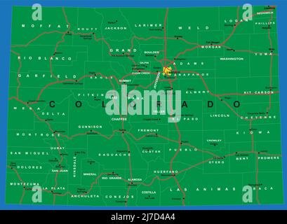 Mappa vettoriale molto dettagliata del Colorado, con contee, città principali e strade. Illustrazione Vettoriale