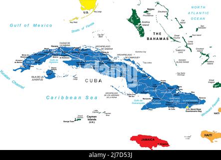 Mappa vettoriale molto dettagliata di Cuba con regioni amministrative, città principali e strade. Illustrazione Vettoriale